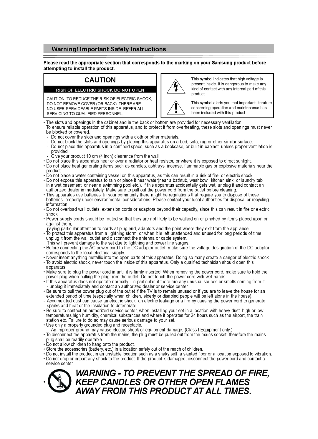 Samsung LE40F8, LE46F8 manual Risk Of Electric Shock Do Not Open 